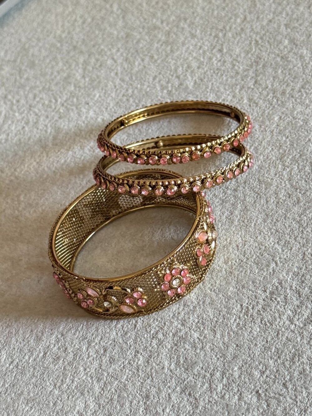 Gold Pink Stone Floral Stacked Bracelet Set